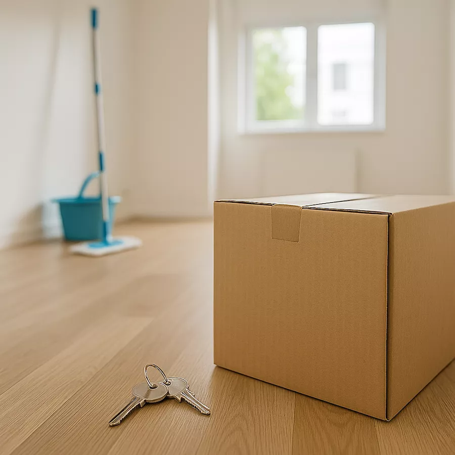 “Nycklar och flyttkartong på golv i ren lägenhet – symboliserar städning och förberedelse inför andrahandsuthyrning med fokus på ordning, hygien och välkomnande hem för ny hyresgäst”